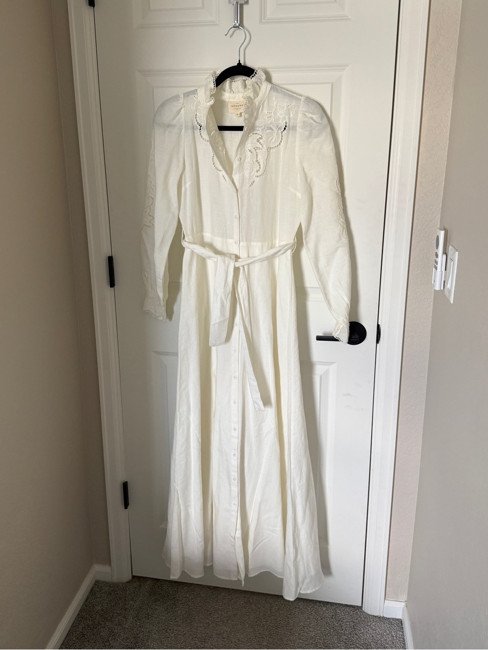 Sezane Cream Embroidered Linen Dress - Belted Shirt Dress - Picture 4 of 9